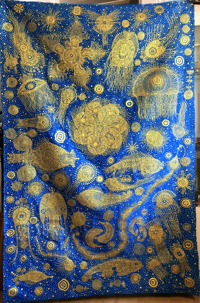 Matthias Eule "Die Stimmen der Ozeane II.", 2020,Goldbronze auf Seide, Tuchgröße 110x170 cm, 2.200,00 €