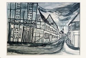 Antje Burr "Eine Gasse in Quedlinburg" (2021) | Federzeichnung mit französischer Tusche | 27x21 cm, Passepartout 30x24 cm