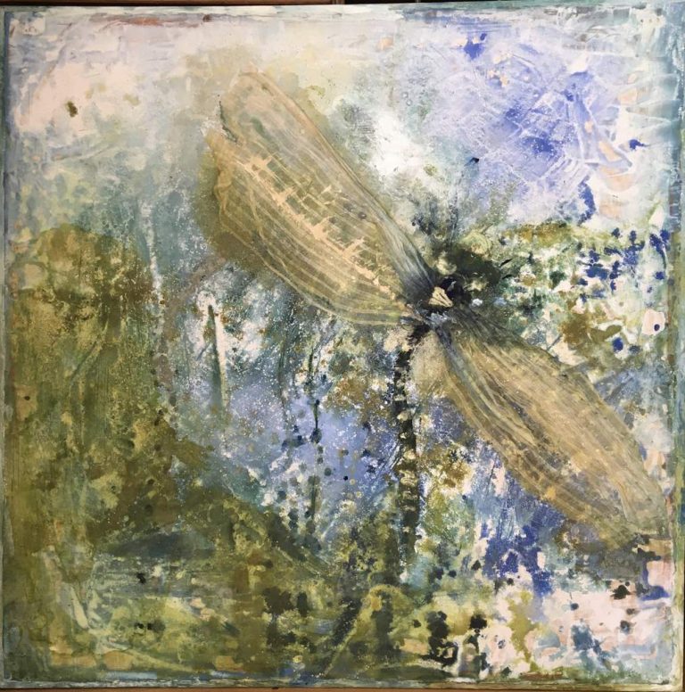Sabine Schuldt, Libelle, 2016, Acryl auf Spanplatte, 150x150 cm