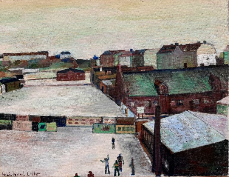 Michael Otto "Die alten Schlachthöfe, Storkower Straße" (2021) | Ölfarbe, Leinwand | 43x55 cm